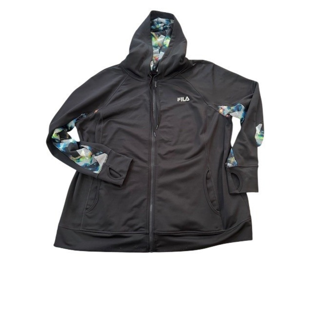 Fila Sport Womens Black Full Zip Hoodie Neon Geometric Accents Thumbholes 1X